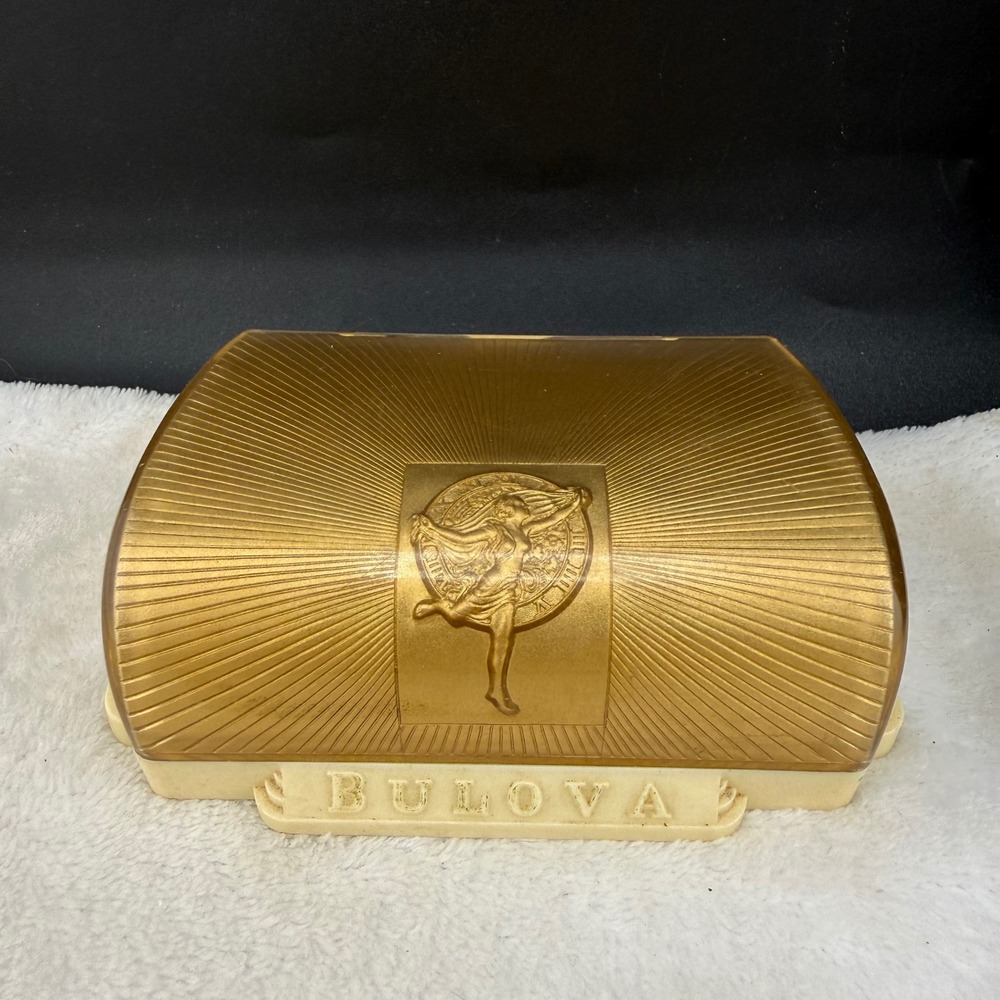 Vintage Bulova Miss America Watch Box Gold Tone Art Deco Sunburst READ